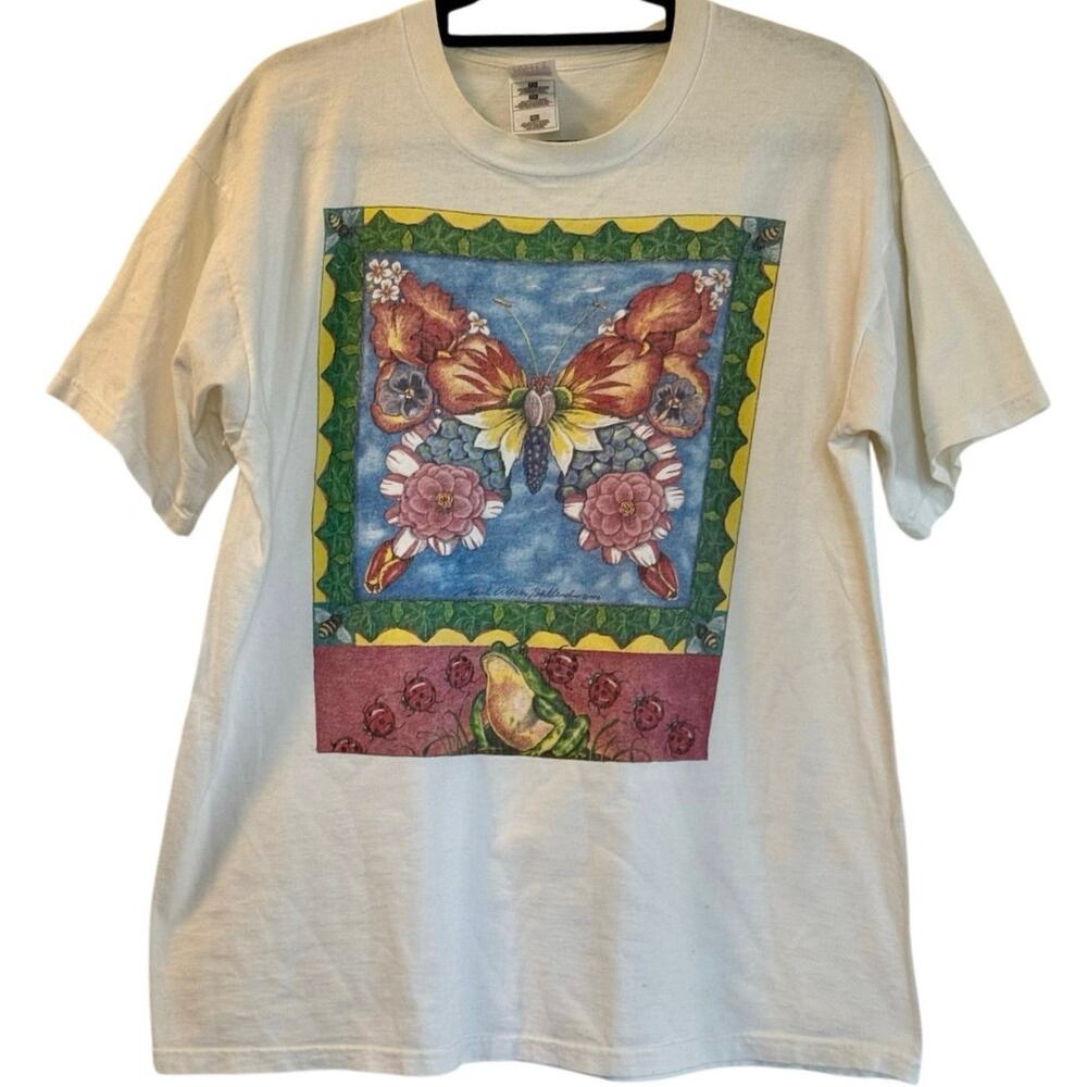 Vintage 90s Flower Butterfly Frog and Ladybugs 1998 Nature Shirt Adult Large